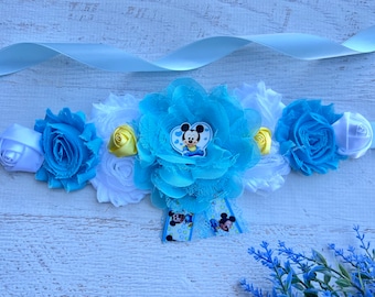 Baby Mickey Mouse Maternity Sash, Boy Shower Corsage, Mom to Be Flower Belt