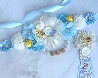 Classic Winnie the Pooh Baby Shower Sash: Maternity and Dad Pin Set , Boy or Girl