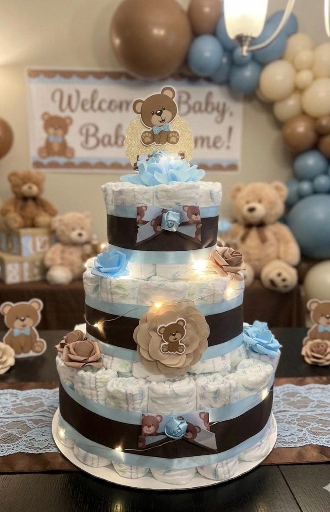 Boy Teddy Bear Diaper Cake With Fairy Lights ,baby Shower Centerpiece ...
