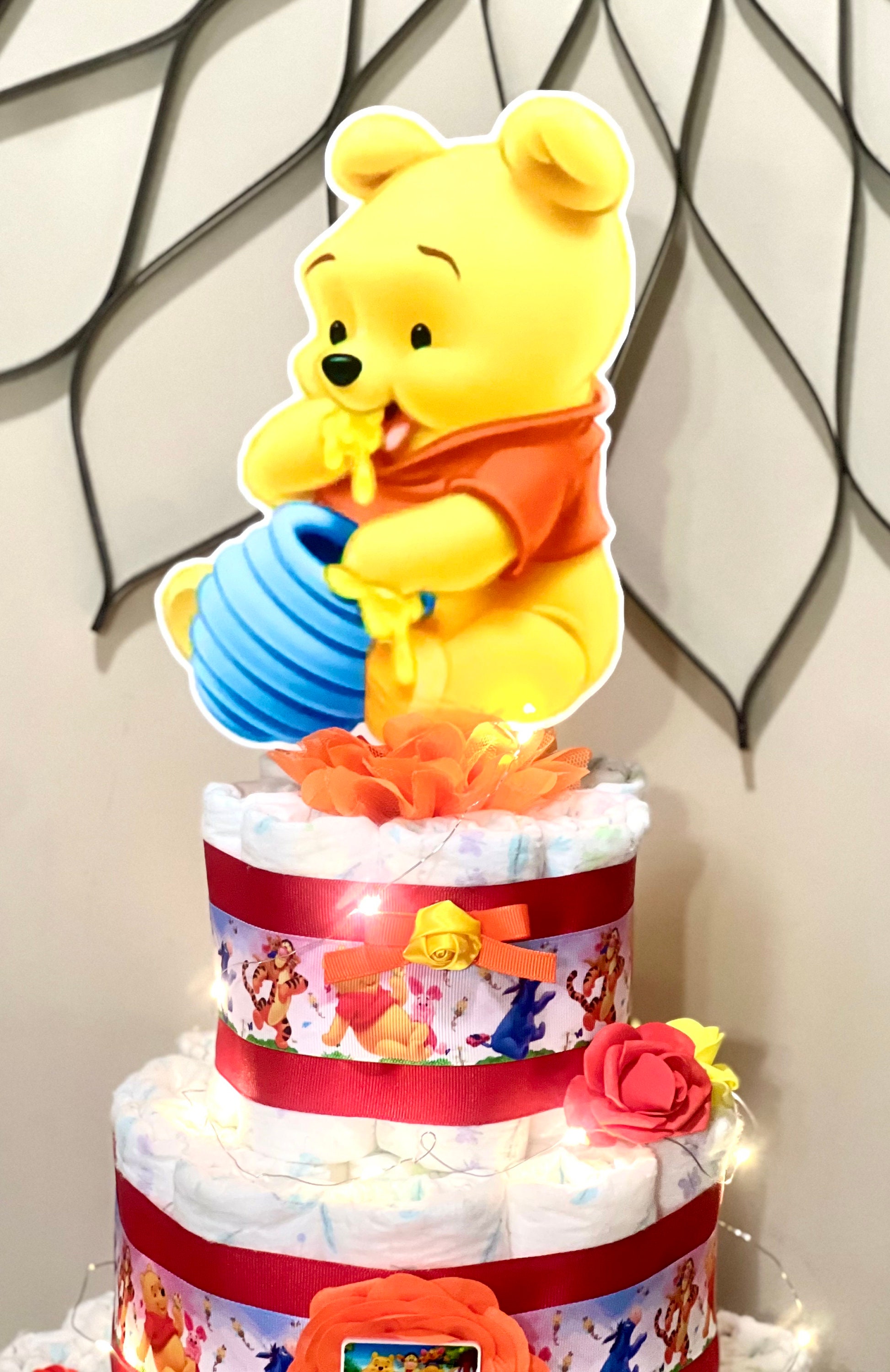 Winnie The Pooh Diaper Cake Baby Shower with Fairy Light Pooh Gender Neutral Baby Shower Table Centerpiece Decoration Baby