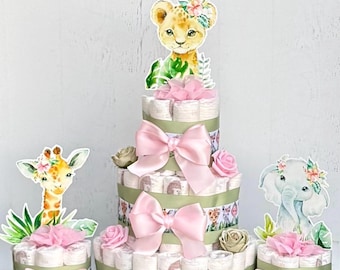 Set of 3 Safari Diaper Cake Girl ,Jungle Baby Shower Centerpieces