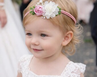 Blush Pink and Ivory Flower Girl Headband – Baby Wedding Accessories – Nylon Band