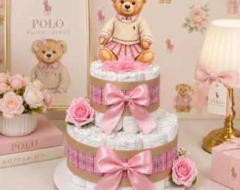 Polo Teddy Bear Diaper Cake Girl ,2 Tier Baby  Shower Centerpiece Gift