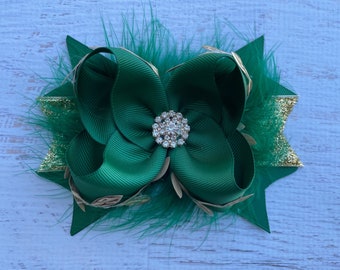 Hunter Green and Gold Christmas Hair Bow Green Gold Holiday Hair Bow Christmas Headband Feather Hair Bow Green Gold Hair Bow