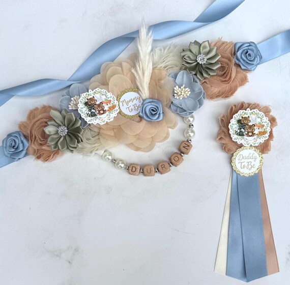 Woodland Baby Shower Maternity Sash Boy , Dusty Blue 