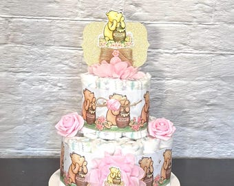 Classic Pooh Diaper Cake: 2-Tier Baby Shower Centerpiece , Choose your color