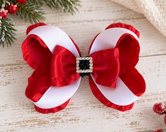 Christmas Santa Hair Bow: Red and White Grosgrain Ribbon, Sparkle Holiday Accessories