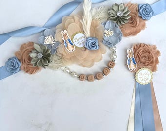 Peter Rabbit Baby Shower Sash:  Dusty Blue Maternity Sash and Corsage Set