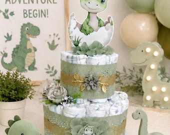 Dinosaur  Diaper Cake, 2 tier Baby Shower Centerpiece, Gender Neutral Gift