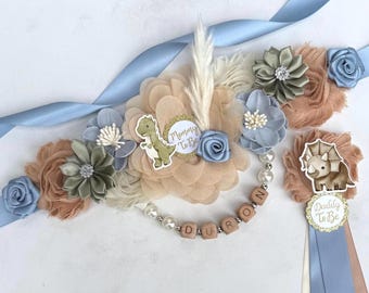 Dinosaur Baby Shower Maternity Sash ,Dusty Blue Dino Corsages ,Mommy and Daddy to be Pins
