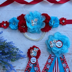 Maternity belly sash cat in the hat Blue Red Cat Maternity Sash Cat Baby Shower Pregnancy Sash  main image 3