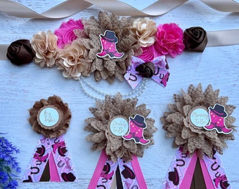 Cowgirl Baby Shower Maternity Sash , Cowboy Corsage, Mom and Dad Pins
