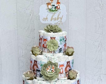 Woodland Diaper Cake ,Gender Neutral Baby Shower , Woodland  Baby Shower Centerpieces , Baby Shower Gift, Shower Decoration