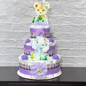 Safari Diaper Cake Girl Safari Baby Shower Girl Baby Shower Centerpieces Baby Shower Gift Shower Decoration Purple Safari Diaper Cake