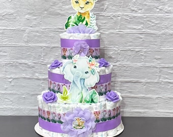 Safari Diaper Cake Girl Safari Baby Shower Girl Baby Shower Centerpieces Baby Shower Gift Shower Decoration Purple Safari Diaper Cake