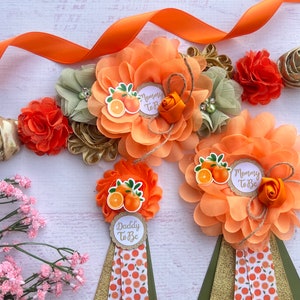 Orange Baby Shower Sash Cutie Maternity Sash  Gender Neutral Baby Shower Little Cutie Baby Shower Pins Baby Shower Corsages