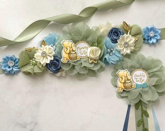Classic Winnie the Pooh Baby Shower Sash: Maternity and Dad Pin Set