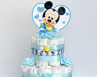 Mickey Mouse Diaper Cake Boy ,2 Tier Baby  Shower Centerpiece Gift
