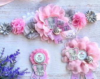 Pink Elephant Baby Shower Maternity Sash & Corsage Set