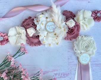 Dusty Pink Boho Baby Shower Sash Dusty Pink Maternity Sash Girl Boho Maternity Belt Pregnancy Sash Mom to be Sash Daddy Corsage