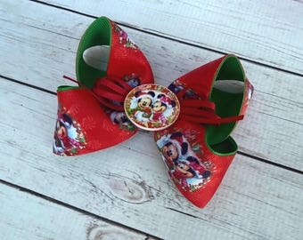 Christmas Mickey and Minnie Mouse hair bow, Holiday Sparkle Hair Clip Glitter Ribbon