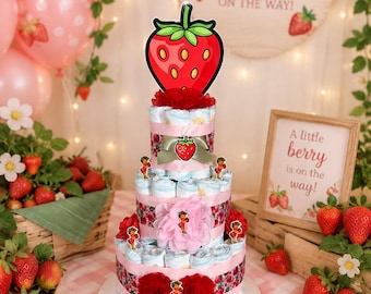 Strawberry Diaper Cake Girl ,3 Tier Baby  Shower Centerpiece Gift