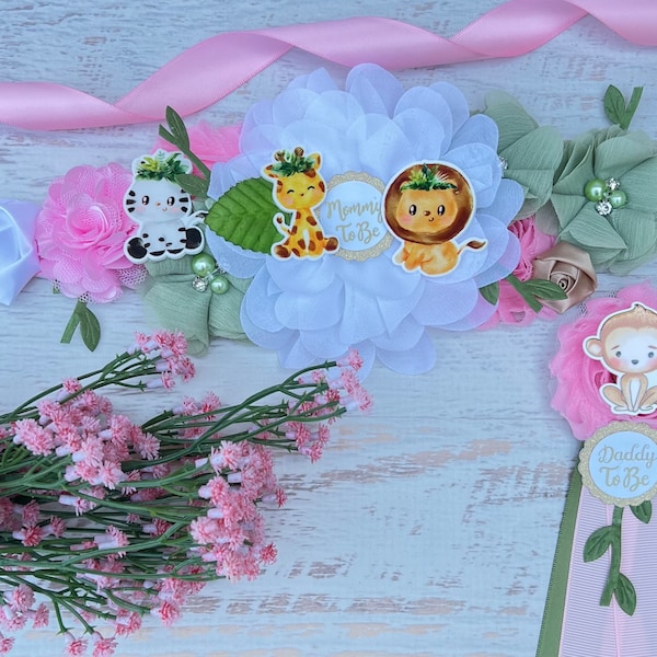 Girl Safari Baby Shower Maternity Sash  ,  Daddy and Family Pins