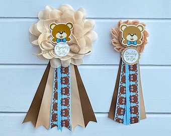 Teddy Bear Baby Shower Pins ,Teddy Bear Baby Shower Corsages, Mom and Dad Pins , Mom to be Ribbon, Mommy Corsages, Teddy Baby Shower Boy