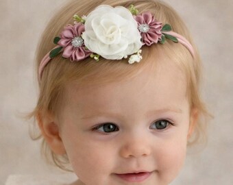 Blush Pink and Ivory Flower Girl Headband – Baby Wedding Accessories – Nylon Band