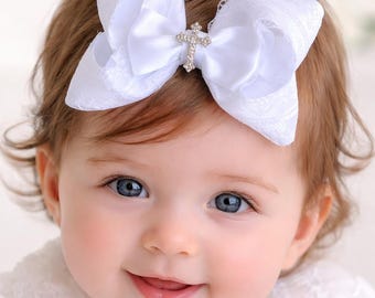 Baptism Hair Bow ,  Lace Ribbon Christening Hair Clip