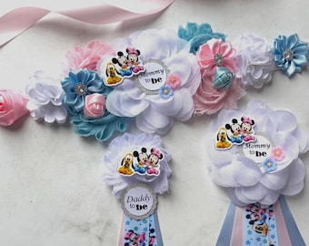 Mickey and Minnie Mouse Maternity Sash ; Baby Shower Corsages, Gender Neutral