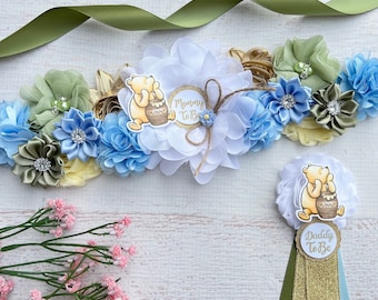 Classic Winnie the Pooh Baby Shower Sash: Choose Color Maternity and Dad Pin Set