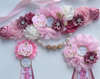 Pink Pumpkin Baby Shower Sash, Fall Mommy and Daddy Pins, Little Pumpkin Corsage