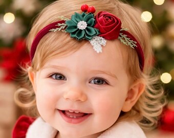 Burgundy / Forest Green Christmas Nylon Baby Headband , Toddler Hair Accessory , Holiday Hair Bow