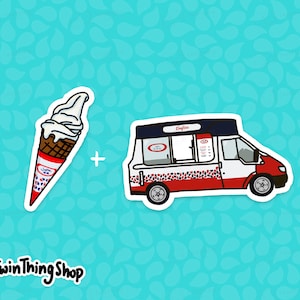 May include: A white ice cream cone with a red and blue wrapper and a red and blue ice cream truck with the word "Softee" on the side.