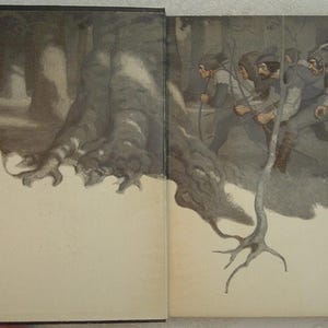May include: An illustration of a book's open pages, depicting a forest scene with figures in period clothing. The left page shows a large tree, while the right page features men with bows and arrows, suggesting a historical or fantasy theme.