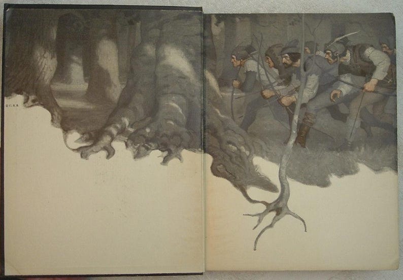 May include: An illustration of a book's open pages, depicting a forest scene with figures in period clothing. The left page shows a large tree, while the right page features men with bows and arrows, suggesting a historical or fantasy theme.