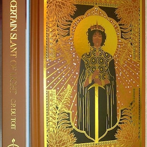 Può includere: Libro con copertina rigida intitolato "A Certain Slant of Light" di C.L. Du Toit. La copertina presenta un'illustrazione dorata di una figura che tiene una spada, con un'aureola dorata e decorazioni floreali su sfondo marrone. Il dorso mostra anche il titolo e l'autore.