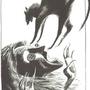K&ouml;nnte beinhalten: Schwarz-Wei&szlig;-Illustration einer Katze, die sich &uuml;ber einer Figur kr&uuml;mmt. Die Augen der Katze leuchten, und ihre Krallen sind ausgefahren. Die Figur darunter hat lange Haare und einen Knopf auf dem Auge. Das Kunstwerk hat ein gruseliges Thema.