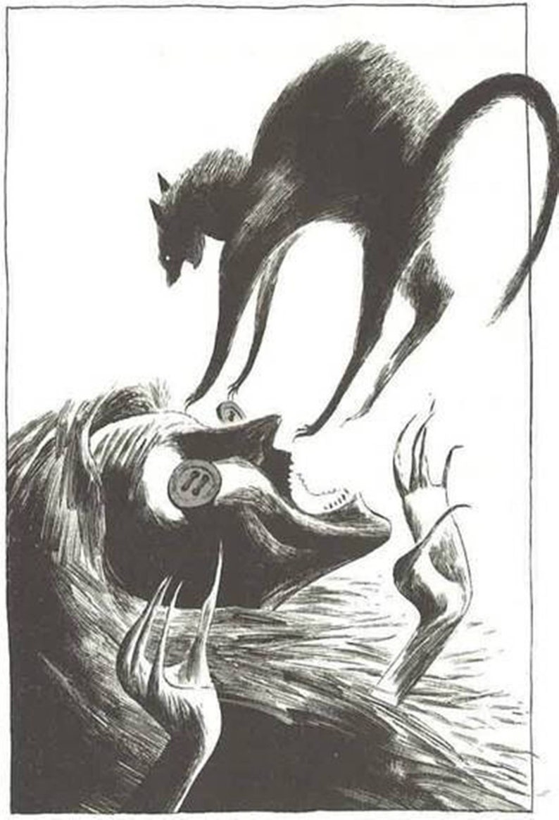K&ouml;nnte beinhalten: Schwarz-Wei&szlig;-Illustration einer Katze, die sich &uuml;ber einer Figur kr&uuml;mmt. Die Augen der Katze leuchten, und ihre Krallen sind ausgefahren. Die Figur darunter hat lange Haare und einen Knopf auf dem Auge. Das Kunstwerk hat ein gruseliges Thema.