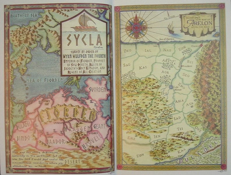 May include: A hand-drawn map of the fictional land of Sycla, with the title "Sycla" in gold lettering. The map is divided into regions with names like "Fjorden", "Sworden", and "Hrovelli". The map is surrounded by a decorative border.
