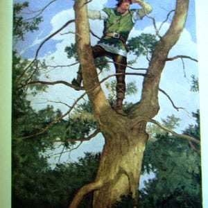 May include: Illustration of a man in a green tabard standing in a tree, looking out. The artwork is a vintage illustration with a blue sky and green foliage in the background. The text at the bottom reads "Copyright by Charles Scribner's Sons."
