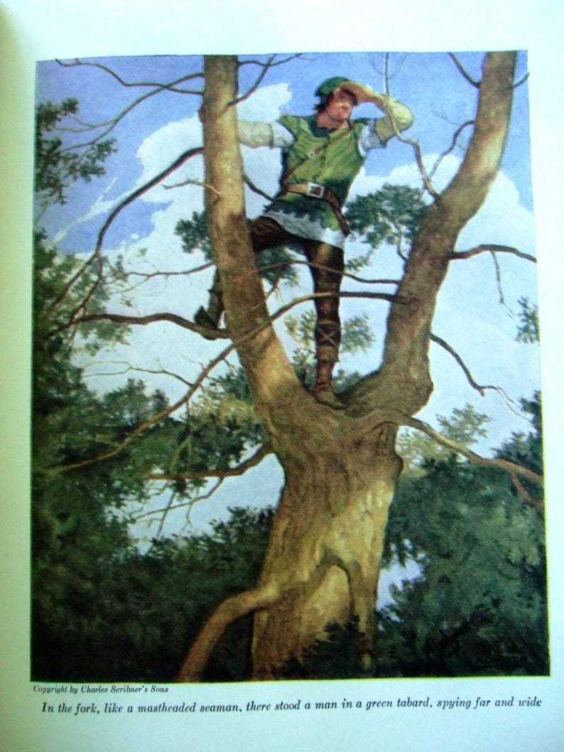 May include: Illustration of a man in a green tabard standing in a tree, looking out. The artwork is a vintage illustration with a blue sky and green foliage in the background. The text at the bottom reads "Copyright by Charles Scribner's Sons."