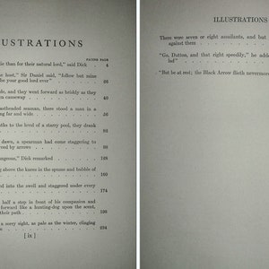 May include: Two-page spread from a book featuring the heading "ILLUSTRATIONS" at the top of each page. The left page contains a list of numbered entries with quotes and page numbers. The right page also has a list of entries with quotes and page numbers.