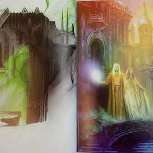 May include: A fantasy illustration of a couple standing in front of a large, ornate building. The man is wearing a gold robe and holding a glowing orb. The woman is wearing a white gown. The building is made of stone and has many towers and arches. The background is a colorful sunset.