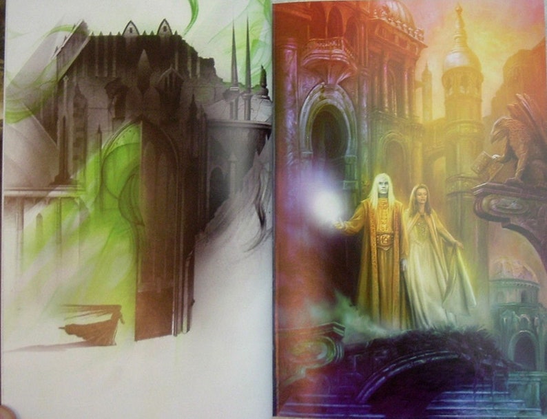 May include: A fantasy illustration of a couple standing in front of a large, ornate building. The man is wearing a gold robe and holding a glowing orb. The woman is wearing a white gown. The building is made of stone and has many towers and arches. The background is a colorful sunset.