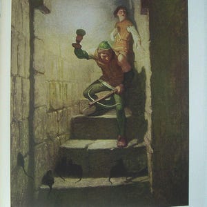 May include: An illustration depicts two figures in a stone dungeon, one carrying a crossbow and the other on their shoulders. The figures are dressed in period clothing, with one wearing a green hat. The text reads, "We must be in the dungeons," Dick remarked (p. 128).