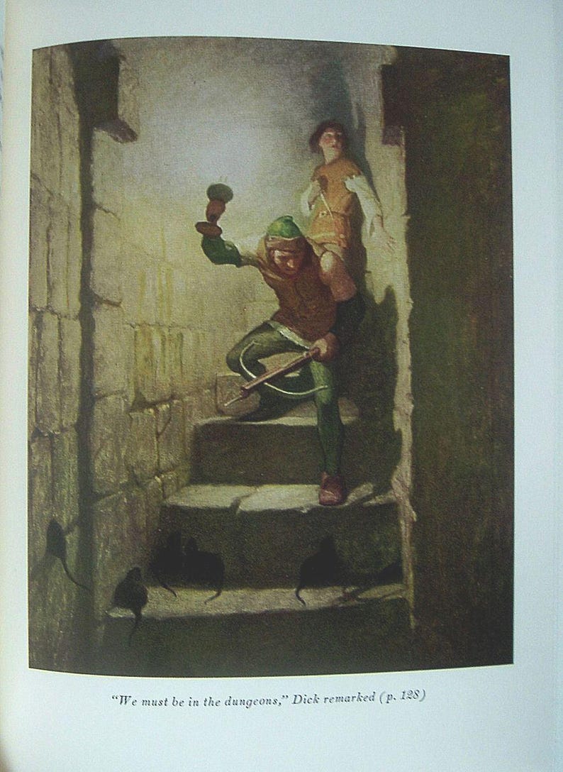 May include: An illustration depicts two figures in a stone dungeon, one carrying a crossbow and the other on their shoulders. The figures are dressed in period clothing, with one wearing a green hat. The text reads, "We must be in the dungeons," Dick remarked (p. 128).