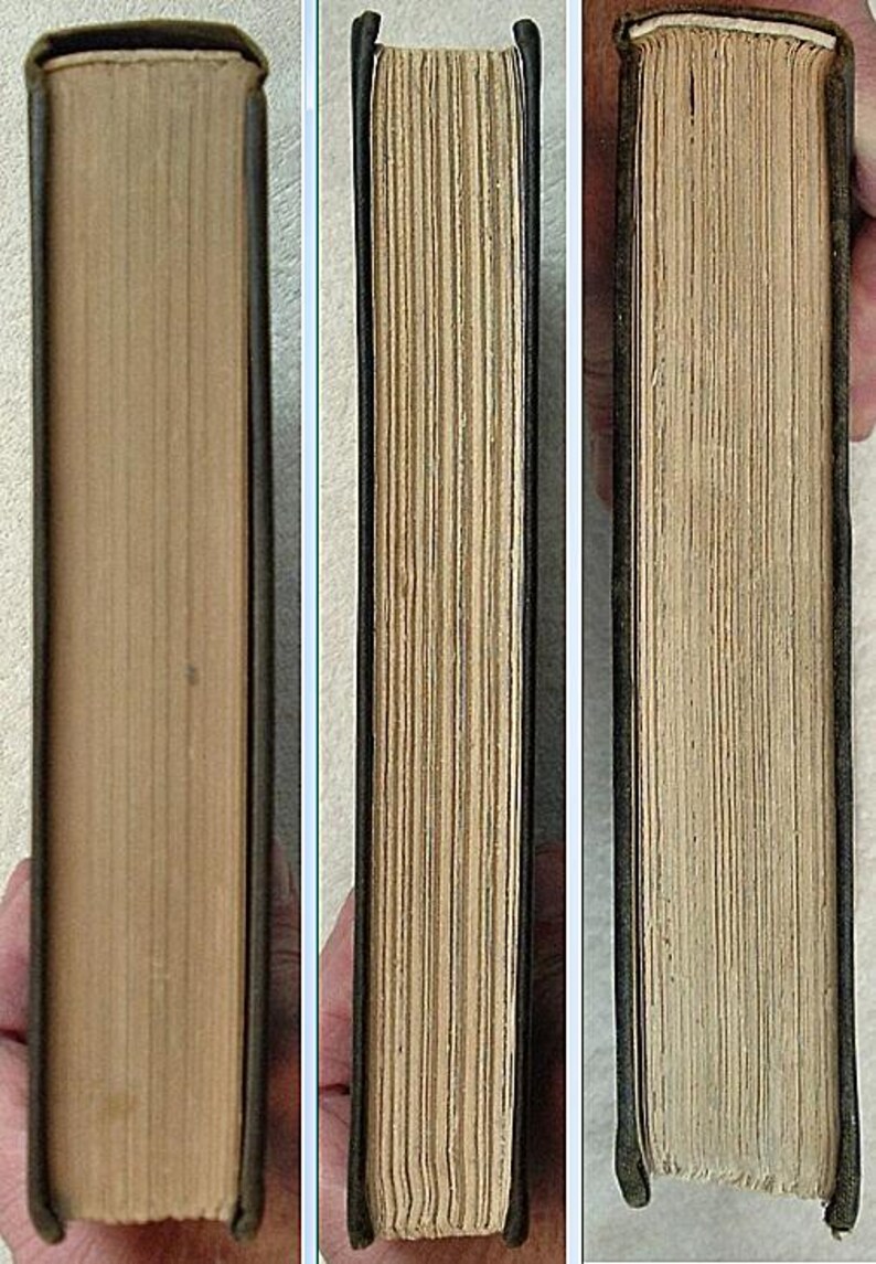 May include: Three views of a vintage book, showcasing the aged, cream-colored pages and the dark green binding. The book's spine is visible, with the pages tightly bound. The edges of the pages are slightly uneven, indicating its age.