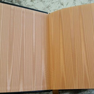May include: Open book with a black cover and peach-colored pages. The pages have a vertical wood grain pattern. The book is open, revealing the inside pages. The book is on a light-colored surface.